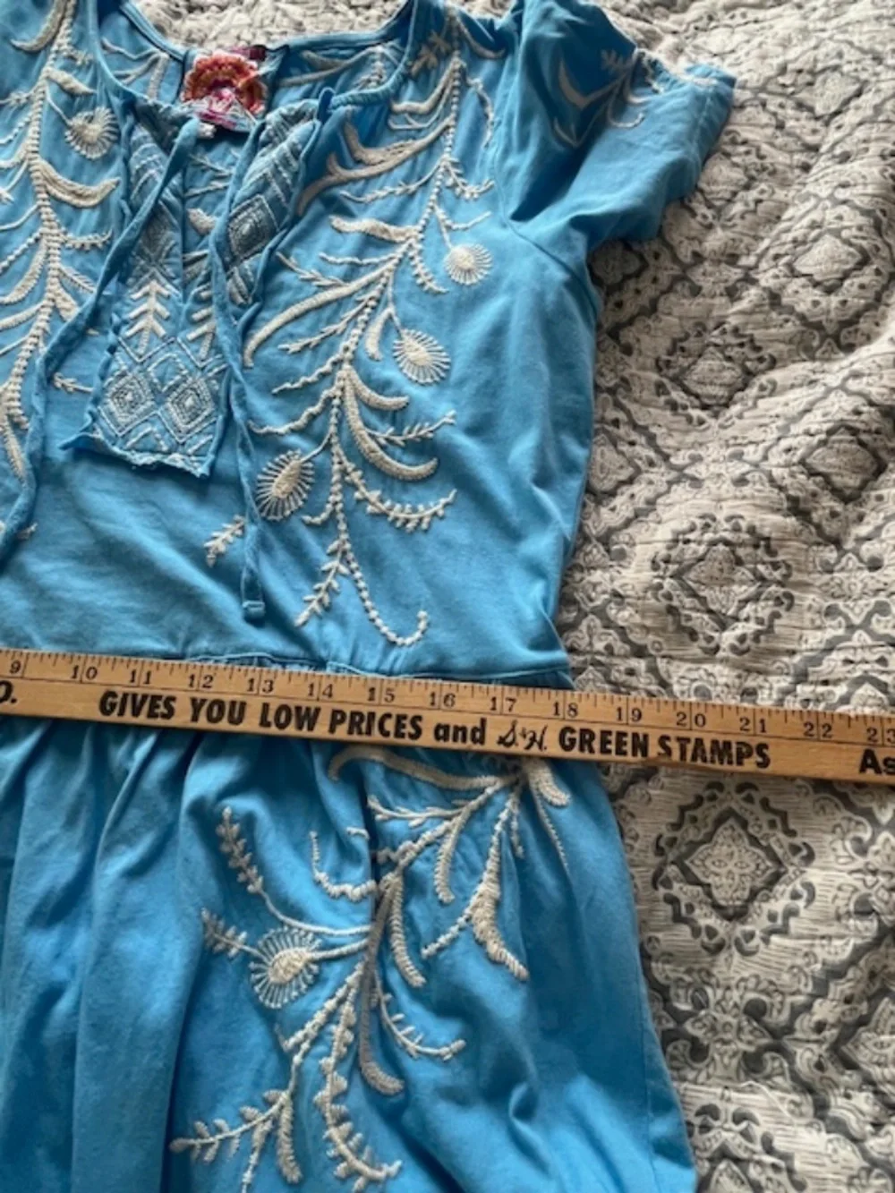 Johnny Was Blue Cotton Knit Embroidered Tiered Midi Dress SzM Boho Resort Beach - Picture 7 of 10